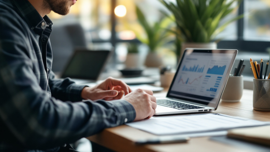 Self-employed business owner reviewing statements on a laptop in a bright office