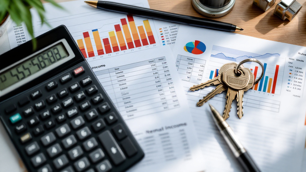 Rental income figures and a calculator on a desk beside house keys