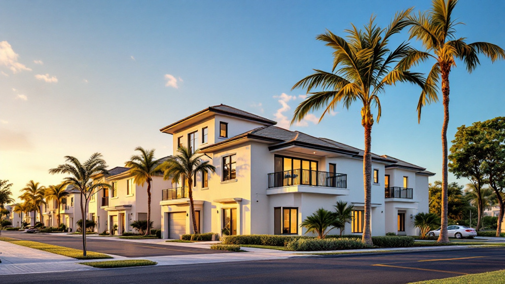 Row of modern rental townhomes along a palm-lined street in Southwest Florida at golden hour
